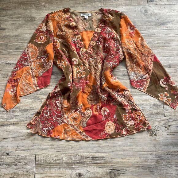 Desi Y2K Top Beading Floral Flowy Mesh Vintage Medium Orange Coldwater Creek - Picture 1 of 8